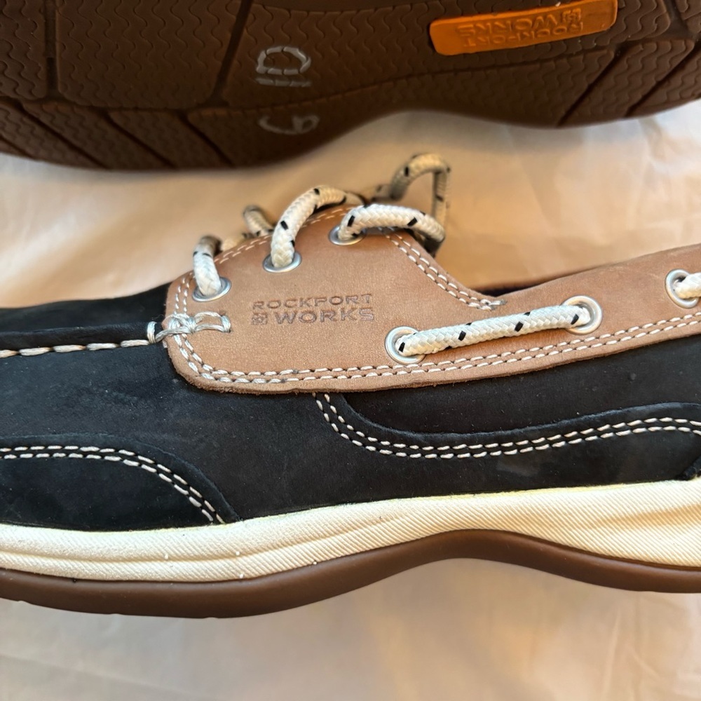 NWOT Rockport Works sailing club navy tan slip resistant SZ 7.5 Safety shoes - Picture 12 of 13